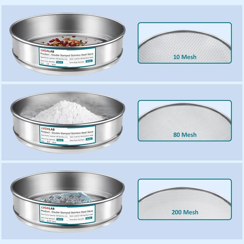 LVDALAB 3 Pack 304 Stainless Steel Mesh Lab Sieves, 200mesh 0.075mm, 80 Mesh 0.2mm, 10 Mesh 2mm Aperture Test Sieve,7.9in/20cm Dia Economy Test Sieve for Industrial Laboratory Homes - Image 3